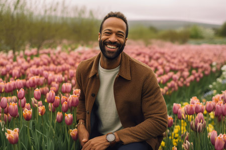 Portrait of a handsome young African American man with a beard, wearing a brown coat, sitting in a blooming tulip field.の素材
