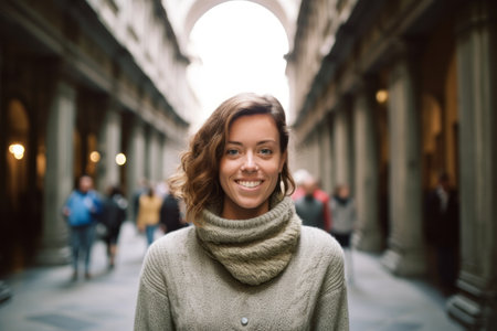Portrait of a smiling young woman in a coat and scarf in the cityの素材