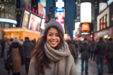 Beautiful young Asian tourist woman traveling at Times Square in New York Cityの素材
