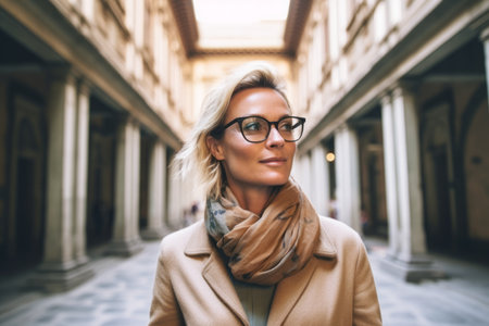 Portrait of beautiful young woman in eyeglasses and coat walking in the cityの素材