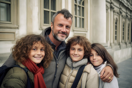 Portrait of happy father and children in front of old school buildingの素材