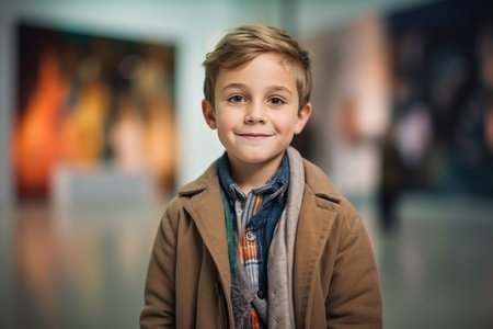Portrait of a smiling little boy looking at camera in the museumの素材
