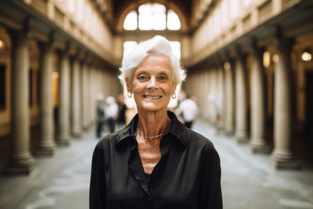 Portrait of a smiling senior woman in front of the church.の素材