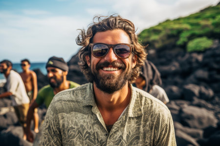 Portrait of happy man with friends in the background at the beachの素材