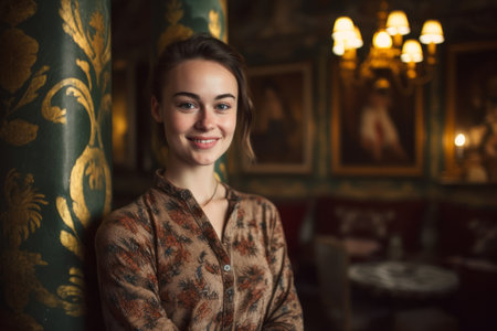 Portrait of a beautiful young woman in the interior of a restaurantの素材