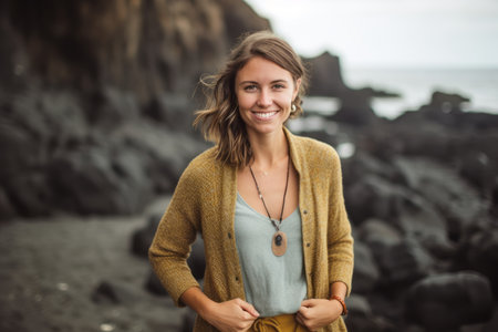 Portrait of smiling young woman standing on the beach by the oceanの素材