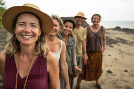 Portrait of smiling woman with friends standing on beach during summer vacationの素材
