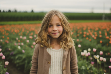 Little girl with long blonde hair in the field of tulips.の素材