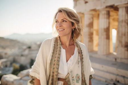 Portrait of a beautiful blonde woman in the ancient Greek city of Athensの素材