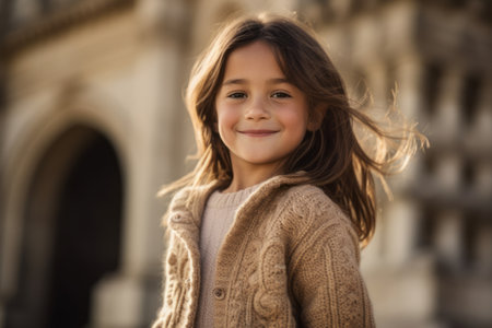 Portrait of a beautiful little girl in a beige sweater posing outdoorsの素材