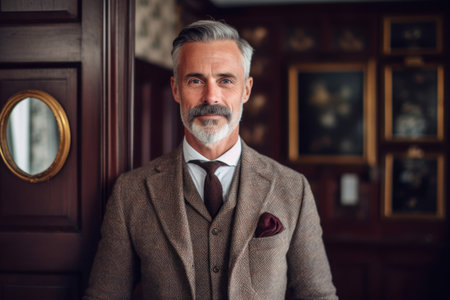 Portrait of a handsome senior man with gray beard and mustache wearing a suit.の素材