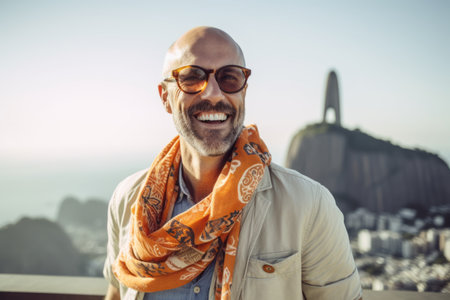 Portrait of handsome bearded man wearing sunglasses and scarf in the cityの素材