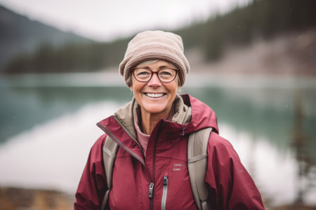 Portrait of smiling senior woman standing in front of mountain lake.の素材