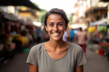 Beautiful young woman smiling at the camera while standing in the streetの素材