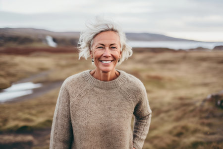 Portrait of smiling senior woman standing with hands on hips in natureの素材