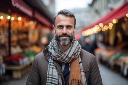Portrait of handsome mature man with beard in scarf at Christmas marketの素材