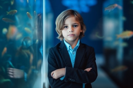 Portrait of a cute little boy in a dark coat looking at the aquariumの素材