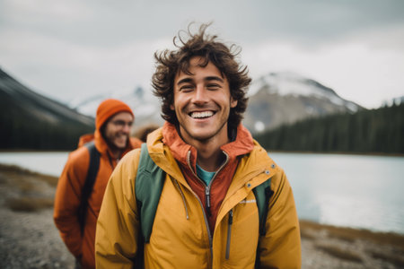 Portrait of two smiling men with backpacks standing on the shore of lake.の素材