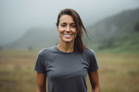 Portrait of a smiling woman standing in the rain on a rainy dayの素材