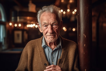 Portrait of a senior man in a pub. Looking at camera.の素材