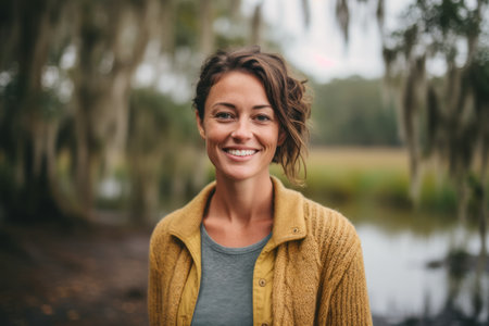 Portrait of a beautiful young woman standing in a park smiling at the cameraの素材