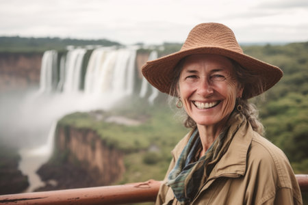 Portrait of smiling mature woman at Iguazu Falls, Argentinaの素材