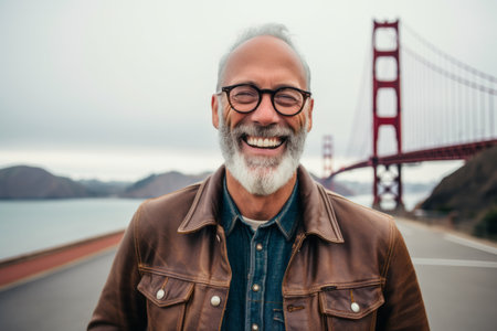 Portrait of a senior man smiling at the camera with golden gate in the backgroundの素材