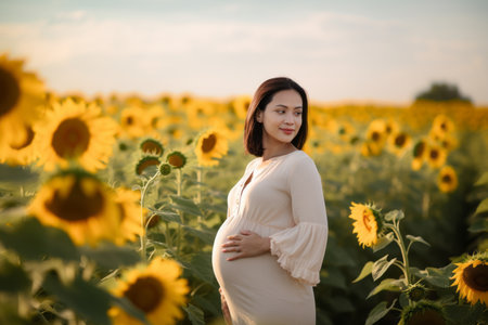 Beautiful asian pregnant woman in the sunflower field at sunsetの素材
