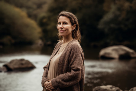 Portrait of a beautiful young woman in autumn clothes standing by the river.の素材