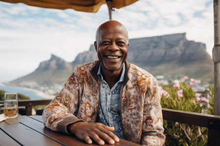 Portrait of a smiling senior African man sitting at a table in a restaurant with a mountain view in the backgroundの素材