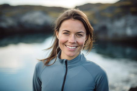 Portrait of smiling sportswoman standing by the water at the beachの素材