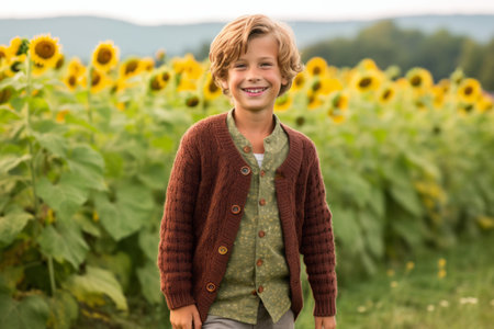 Portrait of a smiling boy in a field of sunflowersの素材