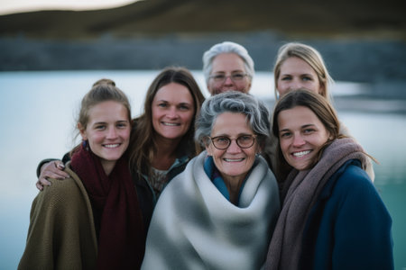 Portrait of smiling family standing by lake on a cold winter dayの素材
