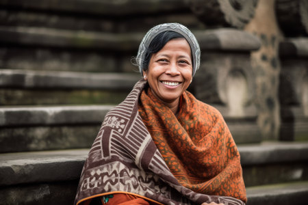 Portrait of a smiling mature woman sitting on the stairs of a templeの素材