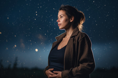 Portrait of a beautiful young pregnant woman in the rain at nightの素材