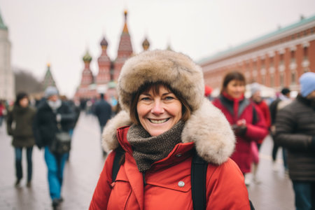 Mature woman in red jacket and fur hat on the Red Square in Moscow.の素材
