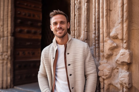 Portrait of a handsome young man standing in front of an ancient buildingの素材