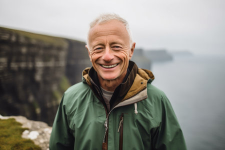 Portrait of a smiling senior man standing at the edge of a cliffの素材