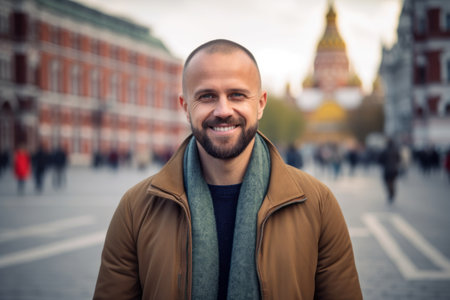 Portrait of a smiling man on the background of the Moscow Kremlinの素材