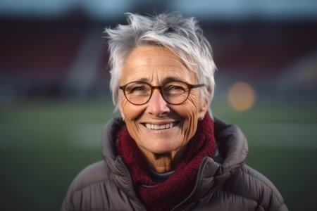 Portrait of smiling senior woman with eyeglasses at football stadiumの素材