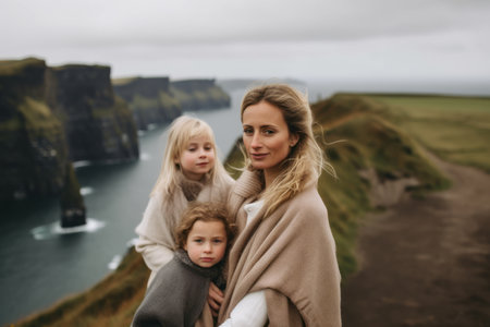 Beautiful young mother with her two little daughters on the cliffs of Moher.の素材