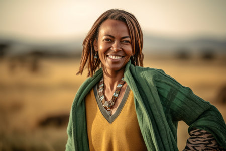 Young beautiful African woman with braids and a green shawl in the fieldの素材
