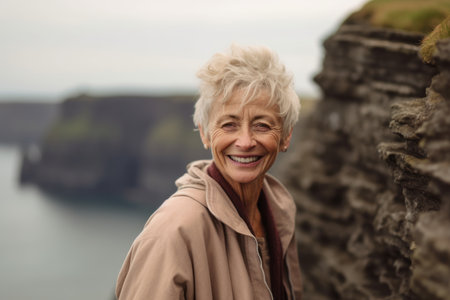 Portrait of a smiling senior woman standing at the edge of cliff in the countrysideの素材
