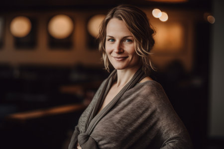 Portrait of a beautiful young woman in a cafe. Soft focus.の素材