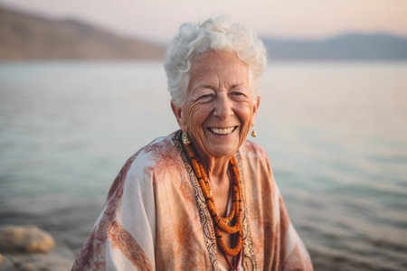 Portrait of a happy senior woman standing on the beach at sunsetの素材