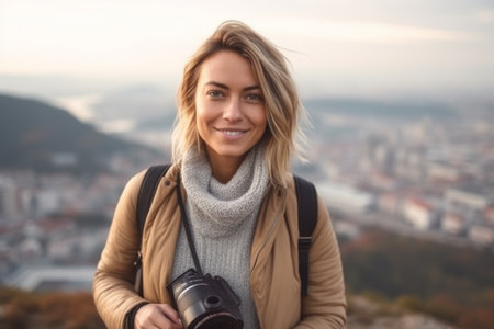 Portrait of a beautiful young woman with camera on top of the mountainの素材