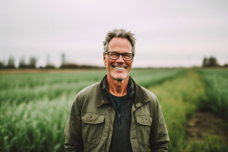 Portrait of a smiling middle-aged man in a wheat fieldの素材