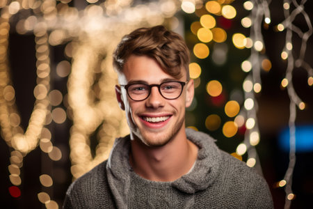Portrait of a handsome young man with eyeglasses on Christmas backgroundの素材