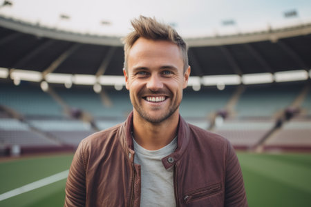 Portrait of handsome young man smiling at camera while standing at stadiumの素材