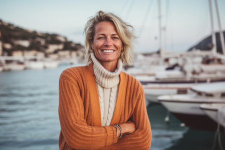 Portrait of smiling mature woman standing with arms crossed in marinaの素材